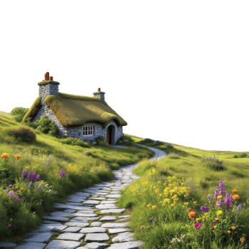 A house with a thatched roof and a path leading to it png
