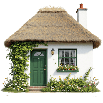 A small white cottage with a thatched roof png