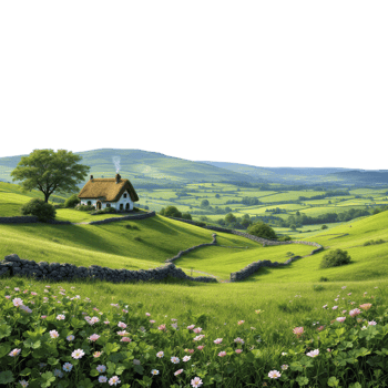 A house in the middle of a green field png