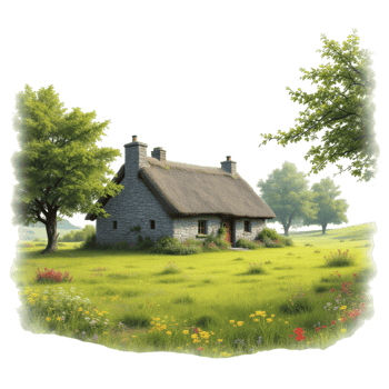 A house in the middle of a field with trees and flowers png