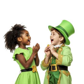Two children dressed in green and wearing hats png