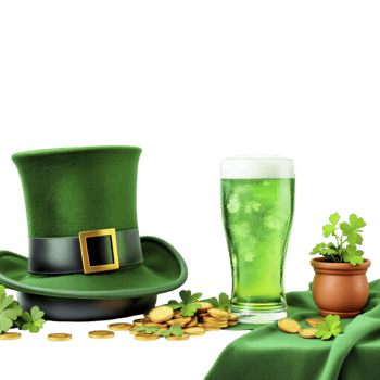 St patrick's day green hat, beer and coins on black background png