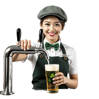 A woman in an apron pouring beer from a tap png