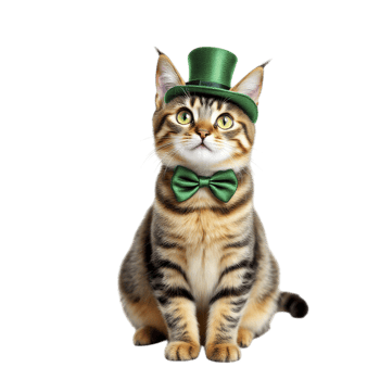A cat wearing a green hat and bow tie png