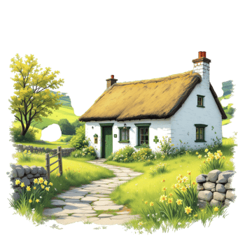 A white cottage with a thatched roof and a path leading to it png