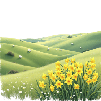 Daffodils in a field with sheep and green hills png