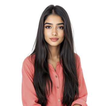 A young woman with long hair and a pink shirt png