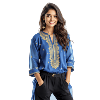 The blue tunic is made from silk and has gold embroidery on the front png