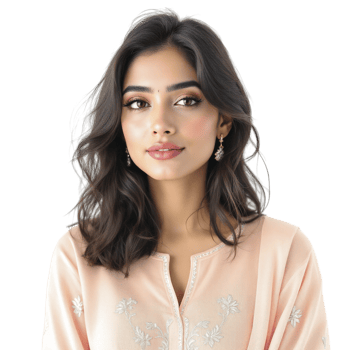 A woman in a pink blouse with embroidered flowers png