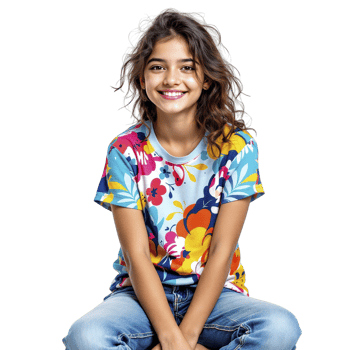 A girl in a colorful shirt sitting on the floor png
