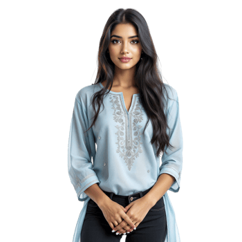 The blue tunic is made from a lightweight fabric and has embroidered details png