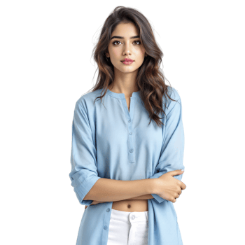 A woman in a blue shirt and white jeans png