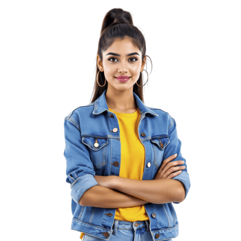 Portrait of a young indian woman in denim jacket and yellow shirt png