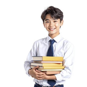 A young man in a tie holding a stack of books png