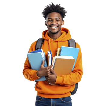 A smiling black man in an orange hoodie holding books png