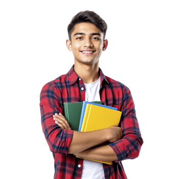 A young man in a plaid shirt holding a stack of books png