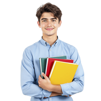 A young man holding a stack of books png