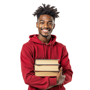 A young man in a red hoodie holding a stack of books png