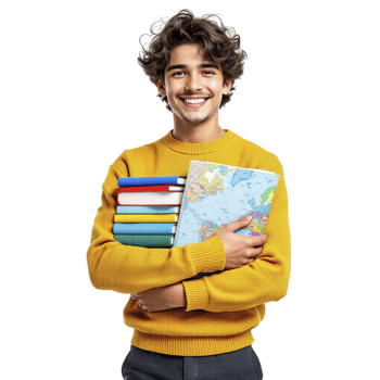 A young man holding a stack of books png