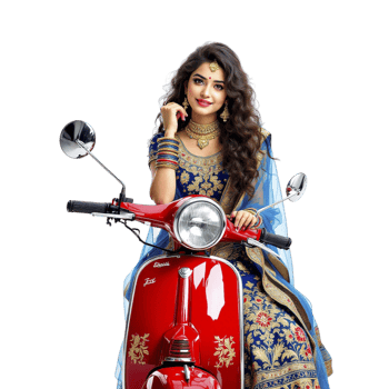 A woman in a traditional indian dress sitting on a red scooter png
