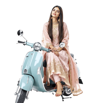 A woman in a pink dress sitting on a scooter png