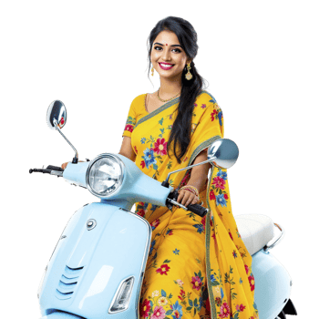 A woman in a yellow sari riding a blue scooter png