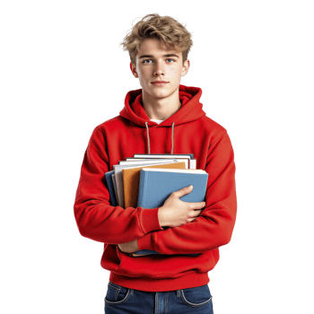 A young man in a red hoodie holding a stack of books png