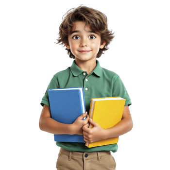 A young boy holding two books in his hands png