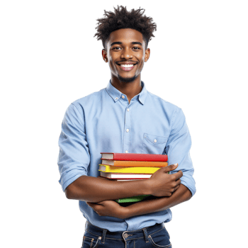 A young man is holding a stack of books png