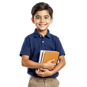 A young boy in a blue shirt holding a book png