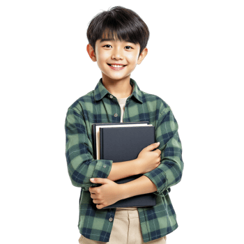 A boy in a checkered shirt holding a book png