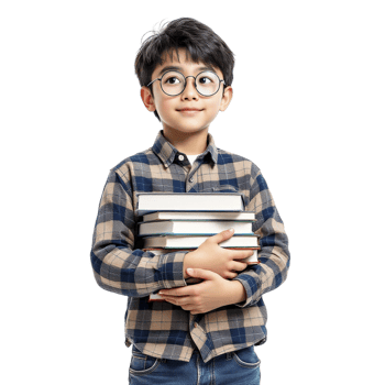 A young boy in glasses holding a stack of books png