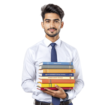 A young man in a tie holding a stack of books png