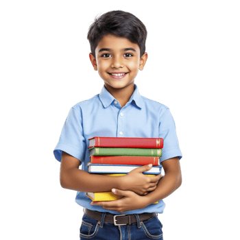 A young boy holding a stack of books png