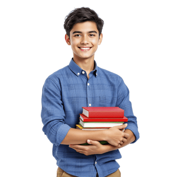 A young man holding a stack of books png