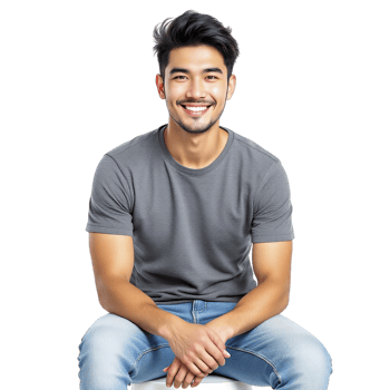 A man sitting on a stool with his hands on his knees png