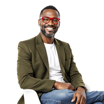 A man wearing glasses and a green jacket sitting on a chair png
