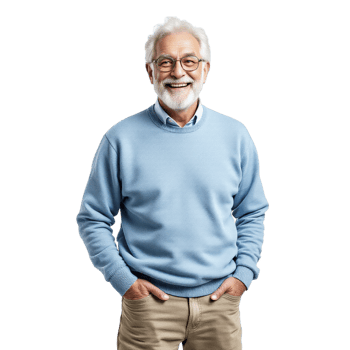 Senior man in blue sweater standing with hands in pockets png