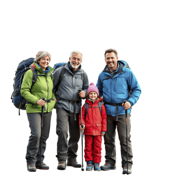 A family of hikers standing together on a black background png