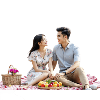 A couple sitting on a picnic blanket with fruit and flowers png