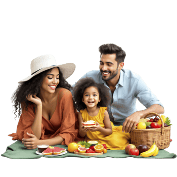 A family is having a picnic on a blanket with fruit and vegetables png