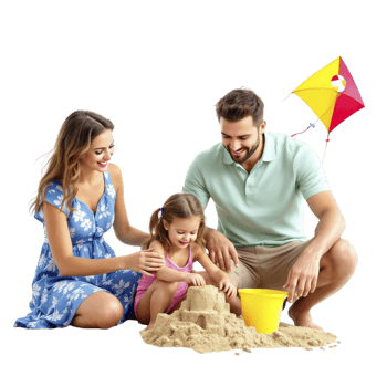 A family playing in the sand with a kite png