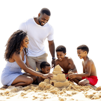 A family building a sand castle on the beach png