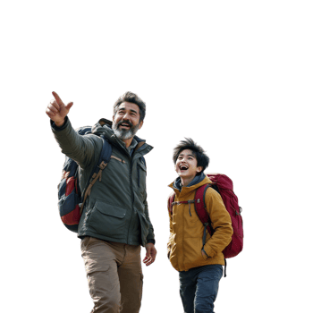 A man and boy with backpacks pointing to something png