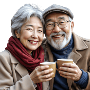 An older couple holding coffee cups png