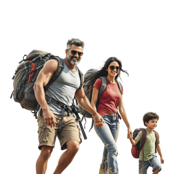 A family with backpacks walking on a trail png
