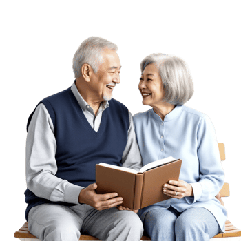 An older couple sitting on a bench reading a book png