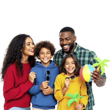 A family with a beach ball and palm trees png