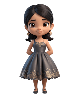 A cartoon girl in a dress with black hair png
