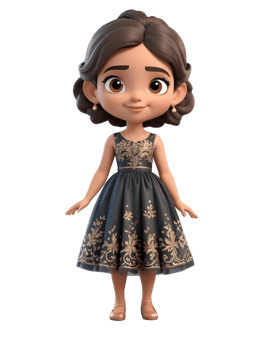A cartoon girl in a black dress with gold embroidery png
